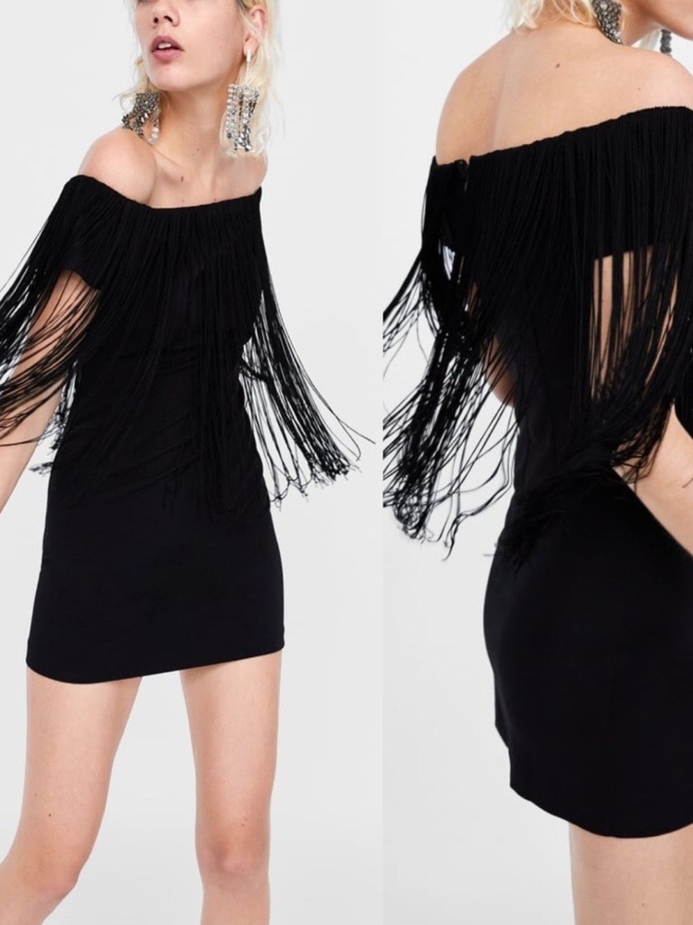 Zara Off-Shoulder Black Fringe Mini Dress Size m